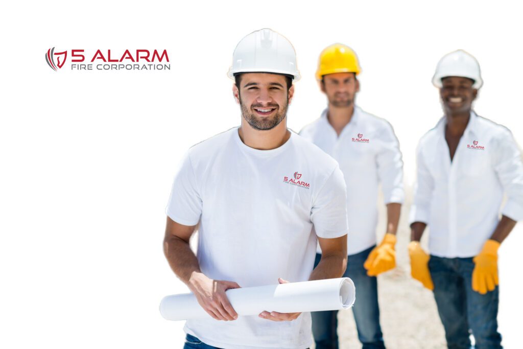 5 Alarm technicians at job site for fire alarm installation in Southern California